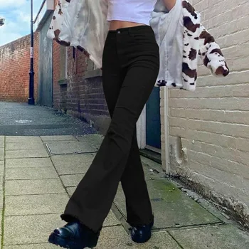 Ruda Sweatpants Moterų Kelnes Britų Stiliaus Aukšto Juosmens Ruožas Bell dugnu Džinsai Vaikino Mama Visas Ilgis Kutas Flare Kelnės