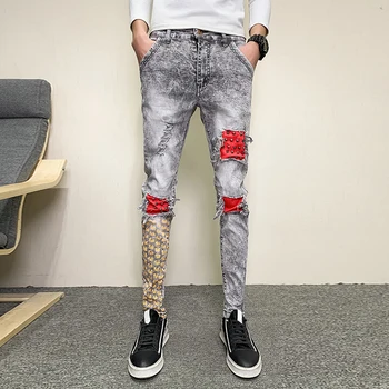 Rudenį Naujų Mados Kniedės Dekoro Kankina Džinsai Vyrų Drabužiai Paprasta Spliced Dizaino Slim Fit Hip-Hop Džinsinio Audinio Kelnės Streetwear Kelnės
