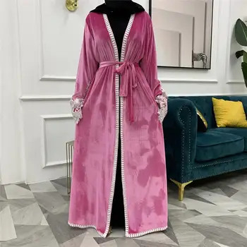 Rudenį, Žiemą Aksomo Kimono Atidaryti Priekiniai Abaja Musulmonų Moterų Nėriniai Kratinys Turkija Dubajus Abaja Ilgas Cardigan Duster Suknelė, Hijab 153594