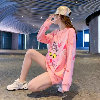 Saldus Mielas Negabaritinių Hoodies Moterų Prašmatnus Streetwear 2021 M. Pavasarį, Rudenį Pink Panther Palaidinukė Ilgomis Rankovėmis Megztinis Moteriška Viršų 141757