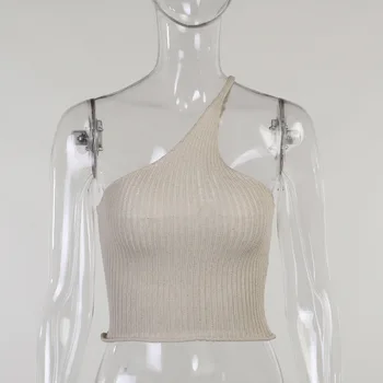 Sexy Vasaros Megzti Pasėlių Viršuje Moterų 2020 M. Elegantiškas Vieno Peties Balta Žalia Pagrindinio Streetwear Mezgimo Briaunoti Viršūnes Camisole