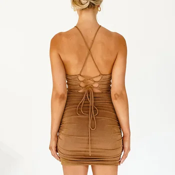 Spageti Dirželis Backless Mini Suknelė Seksualus Klubas Dėvėti 2021 M. Vasarą Rankovių Ruched Bodycon Suknelė Švenčių Šalis Suknelė