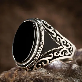 Steampunk Unikali Sidabro Padengtą Žiedas Vintage Black Ovalo formos Akmens Žiedai Vyrams, Išraižytas Modelio Dizainas bižuterijos Naujas