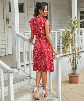 Suknelės Moteris Vasarą 2021 Mados Spausdinti Susiėmę O Kaklo Atsitiktinis Šifono Suknelė Elegantiškas Ponios Slim Rankovių Midi Suknelė Raudona 43414