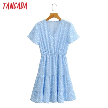 Tangada 2021 m. Vasarą Moterys Mėlyni Taškai Spausdinti Suknelė V-Kaklo trumpomis Rankovėmis Strethy Juosmens Ponios Mini Suknelė Vestidos 1F168 88946