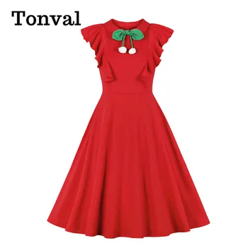 Tonval Lankas Kaklo Vintage Stiliaus Pynimas Armhole Moterys Raudonomis Suknelėmis Vasarą 2021 Ponios Rankovių Mielas Swing Midi Suknelė 55129
