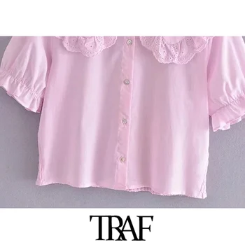 TRAF Moterų Saldus Mados Siuvinėjimo Lankelio, Susiėmę Palaidinės Derliaus Sluoksniuotos Rankovėmis Atgal Elastinga Moterų Marškiniai, Elegantiškos Viršūnės 8644