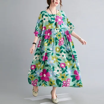 Trumpas rankovės medvilnės skalbiniai derliaus gėlių suknelės moterims atsitiktinis palaidų ilgai moteris, vasaros suknelė elegantiškas drabužius 2021 40755