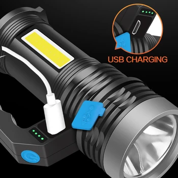 USB Įkrovimo avantiūra Naudoti Super Ryškus Nešiojamas Stiprus Šviesos diodų (LED) Lempos + COB Šoninis apšvietimas, Pastatytas Baterija Kempingas Prožektorius