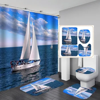 Vandenyno Burlaivis 3D Dušo Užuolaidos Nustatyti, Vonios Kilimėliai Kilimėliai Modernus Vonios Užuolaidos Jūros Peizažas neslidus Kilimėlis Tualeto Dangčio Namų Dekoro