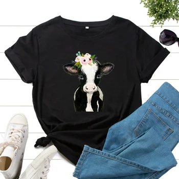 Vasaros Moterų Plius Dydis Marškinėliai Medvilnė Karvės Gėlių Spausdinti Mados Kawaii Moterų Harajuku Atsitiktinis O-Kaklo Trumpomis Rankovėmis Tee Viršūnės