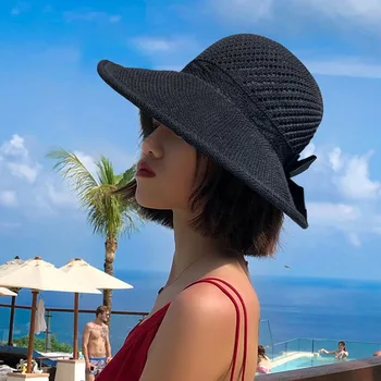 Vasaros Moterų Saulės Skrybėlės Didelis Kraštų Klasikinis Bowknot Sulankstomas Mados Šiaudų Skrybėlę Atsitiktinis Lauko Paplūdimio Kepurė Moterims UV apsauga Skrybėlę 4937