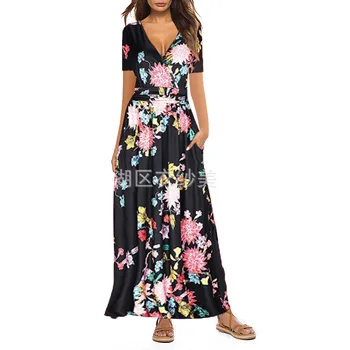 Vasaros Suknelė Moterims Mėlyna Žalia Spausdinti Plius Dydis-trumpomis Rankovėmis 2021 M. Pavasarį Naujas Mados V Neck Slim Elegantiškas Maxi Suknelės Feminina JD1011