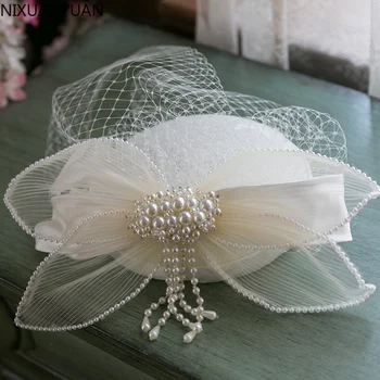 Vestuvių Skrybėlės Moterims Vintage Net Nuotakos Skrybėlės Juoda Balta Vestuvių Accessories Brides Fascinator Sinamay Vestuvių Šydas Birdcage 14865