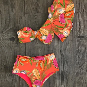 Vienos Pečių Bikini Komplektas 2021 Seksualus Pynimas maudymosi Kostiumėliai Moterims, maudymosi kostiumėlį Aukšto Juosmens Maudymosi Kostiumas, Paplūdimio Raudona Spausdinti Biquini moteris