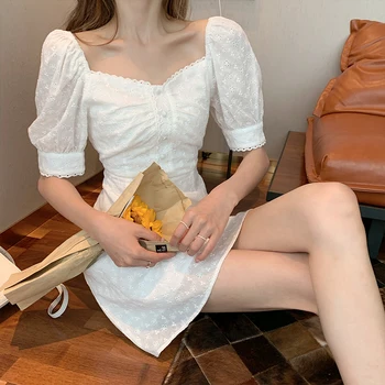 Vingate Siuvinėjimo Aikštėje Apykaklės Elegantiškas Nėrinių Suknelė Moterims Sluoksniuotos Rankovėmis Atsitiktinis Prašmatnus Gėlių Suknelė Korėjos Mygtuką Dizainas Vasaros 2021 33084