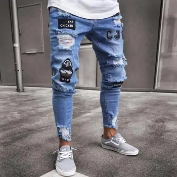 Vyrai Džinsai 2021 Naujas 3 Stilius Atsitiktinis Mados Liesas Ripped Jeans Siuvinėti Pieštuku Kelnes Labas Street Slim Ruožas Džinsinio Audinio Kelnės