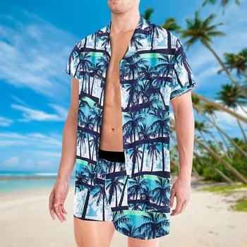 Vyrai Havajų Rinkiniai 2021 M. Vasarą Spausdinimo Trumpas Rankovėmis Mygtuką Marškinėliai + Paplūdimio Šortai Smėlio Paplūdimio Dviejų dalių Atsitiktinis Vyrų Kostiumas 104636