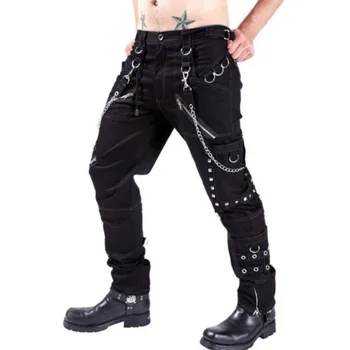 Vyriški Gothic Punk Rock Juodos Kelnės Naujos Mados Kniedės, Grandinės Hip Pop Atsitiktinis Palaidų Streetwear Vyras Ilgos Kelnės Safari Stiliaus Madinga 138599