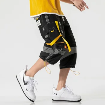 Vyrų Vasaros Mados Krovinių Šortai Nauji laisvi Hip-Hop Streetwear Kišenėje shorts Mens Punk Raišteliu Kaklaraištis kojomis Kvėpuojantis Kelnės