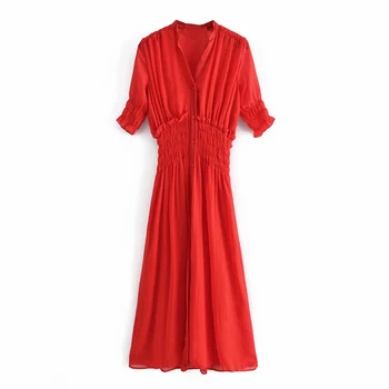 Za 2021 M. Vasarą Raudonos Spalvos Ilgos Suknelės Moterims Atsitiktinis Paplūdimio Suknelė Moteris Derliaus Elastinga Juosmens Šifono Suknelės Trumpas Sluoksniuotos Rankovėmis Suknelės 91566