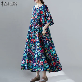 ZANZEA Derliaus Sundress 2021 Atsitiktinis Vasaros trumpomis Rankovėmis Suknelė Moterims Bohemijos Gėlių Spausdinti Prarasti Ilgai Vestidos Kaftan