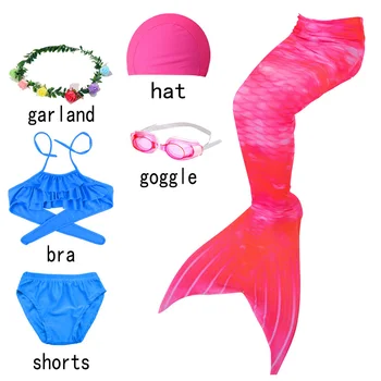 Zeemeerminstaart maudymosi kostiumėlis mergaitėms, vaikams, paplūdimio bikini kostiumas kostiumas suknelė plaukimo kepuraitė plaukimo akiniai apatiniai mėlyna