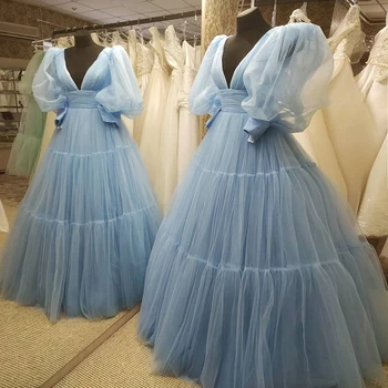 Šviesiai Mėlyna Giliai V-Kaklo, ilgomis Rankovėmis Vakare Šalies Oficialią Suknelės 2021 linijos, Nėriniai Atgal Ceremonija Prom Įžymybė Suknelė 40647