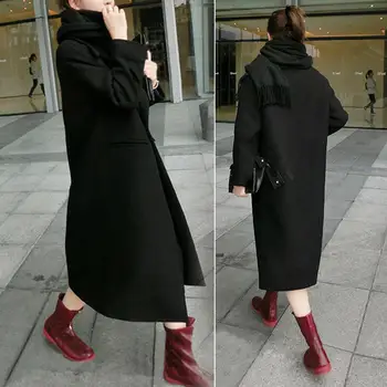Žiemos moteris kašmyro vilnos švarkas aukštos qualitykorean stiliaus ilgai laisvi vilnonis kailis juoda pilka plona ilgomis rankovėmis vilnonių viršutinių drabužių siuvimas 139115