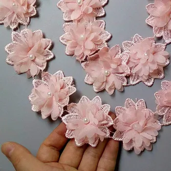 1 kiemas Rožinė Polyester Pearl Gėlių Išsiuvinėti Nėriniai Apdailos Juostelės Medžiaga Rankų darbo 