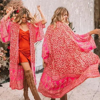 2019 Karšto Ponios Moterų Paplūdimio Cover-Up Gėlių Spausdinti Prarasti Susagstomi Megztiniai Vasaros Boho Gėlių Kailio Šalikas Kimono Outwear