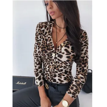 2019 M. Rudenį Palaidinė Moterų Mados Ilgomis Rankovėmis, Leopardas Spausdinimui V-Kaklo Viršūnes Leotard Elegantiškas Mygtukas Plonas Marškinėliai Atsitiktinis Womens Palaidinė