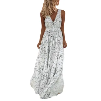 2019 Vestidos Vasaros Suknelė Moterų Berankovis Dot Spausdinti Kutai Giliai V Kaklo Long Beach Maxi Suknelė moteriškas Plius Dydis