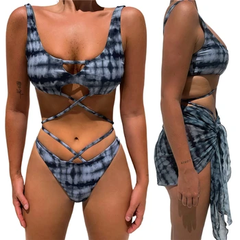 2021 Mados Moterų 3PCS maudymosi kostiumėlį Rinkinys Sexy Liemenėlė Panty Įvyniojimas Sijonas Kostiumas maudymosi Kostiumėliai Maudymosi Apranga Vasaros Atostogų Paplūdimyje