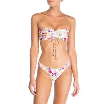 2021 Mados Tendencija Moterys Vasarą Boho Rankovių Bikini Maudymosi Kostiumai Gėlių Raštas Mažas Juosmens Paplūdimio Atostogų Maudymosi Kostiumėliai