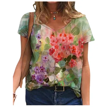 3D Gėlių Kaklaraištis Dažų Spausdinti Moterys T Atsitiktinis Marškinėliai trumpomis Rankovėmis Prarasti Plius Dydis Mados Viršūnes Gatvės Ponios V-Kaklo Summer Tee 2021 Naujas