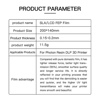 3D spausdinimo šviesos-cured PEF apsaugine plėvele SLA LCD apsaugine plėvele aukštos skaidri šviesai dervos apsaugine plėvele 3D spausdintuvas Dalis