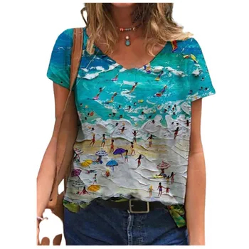 3XL Vasaros Marškinėliai 2021 Naujas Moterų Paplūdimio Šalies Simbolį, Print T Shirt Streetwear Atsitiktinis trumpomis Rankovėmis V-Kaklo Tee Viršūnes Plius Dydis