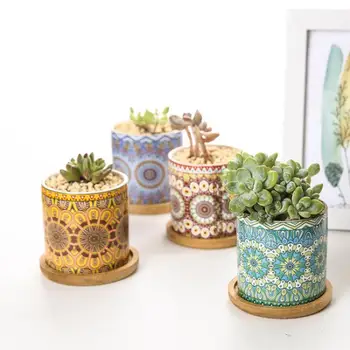 4pcs/set Mandala Keramikos Augalų, Gėlių Vazonas Spalvingas Geometrines Spausdinimo Raundo Succulents Bonsai plantatorius Dėklas Sodo Dekoro