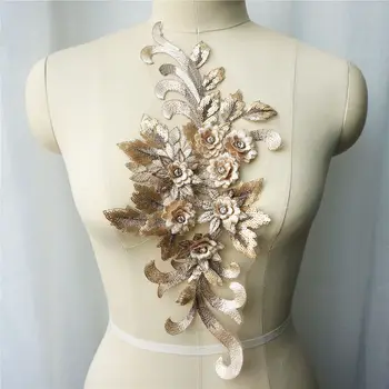 Aukso Nėrinių Audinio China 3D Gėlės, kalnų krištolas Kutas Vestuvių Suknelė Appliques Išsiuvinėti Siūti Pleistras Suknelė 