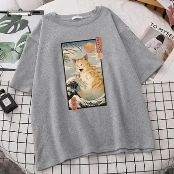 Bangos Ir Big Cat Japonų Stiliaus Spausdinimo Tshirts Moterų Didelis Dydis Marškinėliai Atsitiktinis Palaidų Marškinėlius S-Xxxl Negabaritinių Marškinėliai Moterims