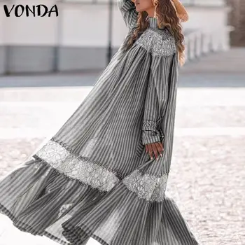 Bohemijos Vasaros Suknelė Vintage Atvartas Kaklo, ilgomis Rankovėmis Šalis Suknelės Prarasti Sundress 2021 VONDA Femme Atsitiktinis Vestidos