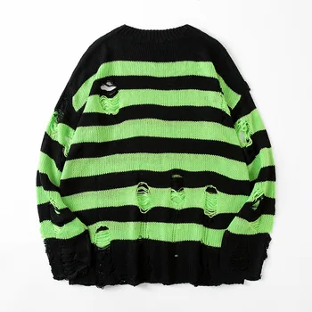 Dryžuotas Megztiniai Moterims Punk Unisex Džemperis Rudenį Tuščiaviduriai Iš Skylės Skaldytų Jumper Prarasti Negabaritinių Pullouvers Harajuku Streetwear
