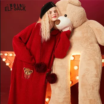 ELFSACK Kalėdų Red Bear Siuvinėjimas, Mezgimas Atsitiktinis Suknelė Moterims,2021 M. Žiemos ELF Derliaus Plaukų Kamuolys Raišteliu Moteriška Šalis Suknelės