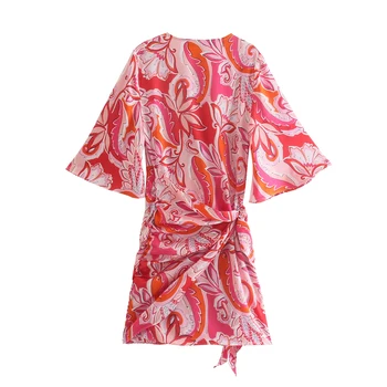 FELIN Za 2021 Paplūdimio Stilių Raudona Gėlių Seksuali Mini Suknelė trumpomis Rankovėmis Plisuotos V Kaklo Vasaros Suknelė Varčias Elegantiškas Mujer Vestidos