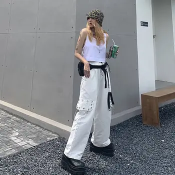 HOUZHOU Punk Kelnės Moterims Harajuku Grandinės Pločio Kojų Kelnės Goth Juoda Hip-Hop Krovinių Kelnės Moterims Hipių Kelnės Moterims Streetwear
