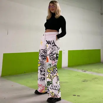 HOUZHOU Y2k Anime Kelnes Hipių Pločio Kojų Aukšto Juosmens Baggy Estetinės Kelnių Harajuku Streetwear Moterų Balta Tiesiai Sweatpants