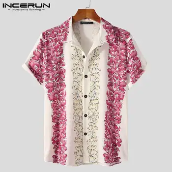 INCERUN 2021 Vyrų Marškinėliai Gėlių Spausdinti Atvartas trumpomis Rankovėmis Mygtuką Kvėpuojantis Vasaros Havajų Marškinėliai Streetwear Atsitiktinis Camisas S-5XL