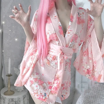 Japonų Kimono Seksualus Cosplay Moterų Rožinė Sakura Mergina Seksualus Chalatas, Pižama Erotinis apatinis Trikotažas Naktį Vienodas Pagundai Suknelė