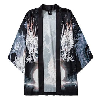 Japonų Kimono Striukės Big White Dragon Spausdinti 2020 Vyrų Harajuku Streetwear Atsitiktinis Plona Suknelė Japonija Stiliaus Laisvi Marškinėliai